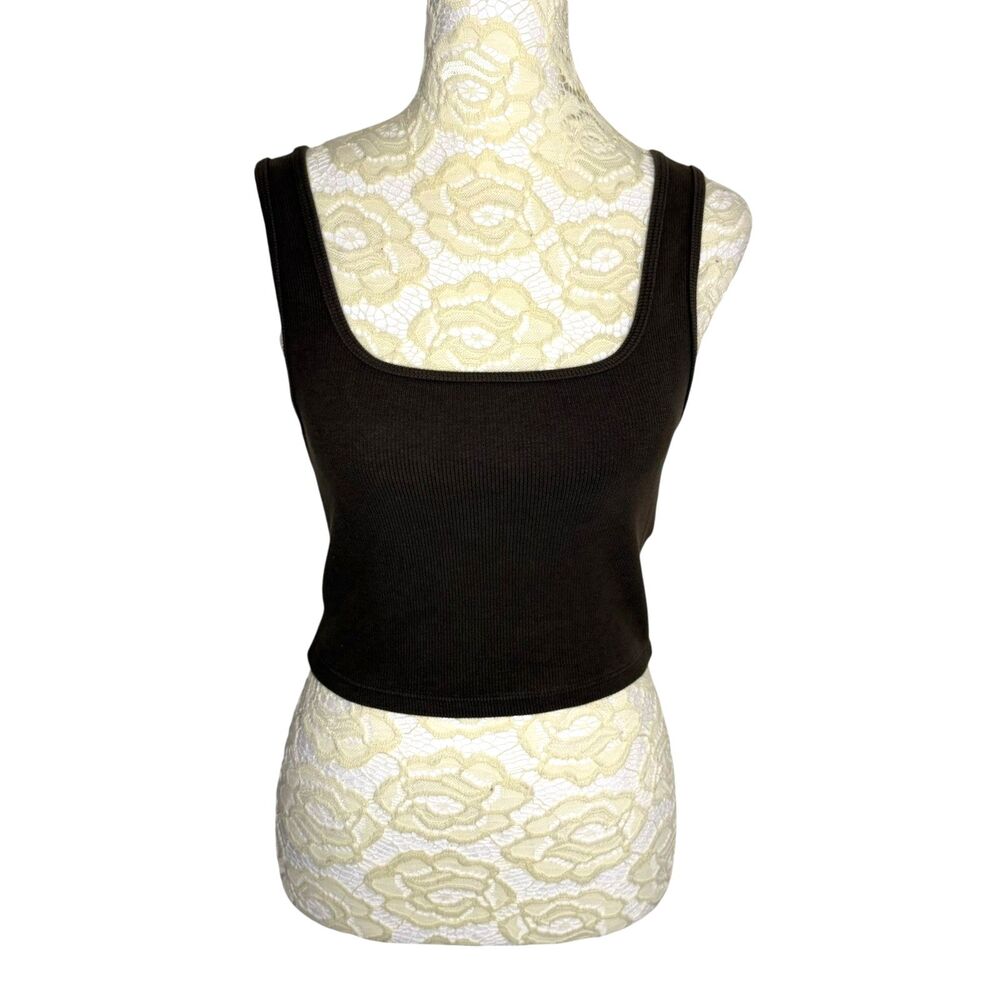 H&M Crop Tank Top Blouse Shirt U Scoop Neck Rib Knit Brown S
